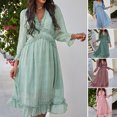 thumbnail image 2 of Women's Spring Summer Dress Deep V 3/4 Long Sleeve Dress Ruffle Hem & Trim, 2 of 6