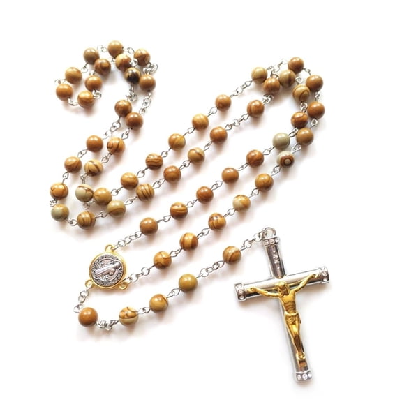 Tizuqe Holy Jewelry Wood Grain Stone Cross Rosary Necklace Festival Party Decorations
