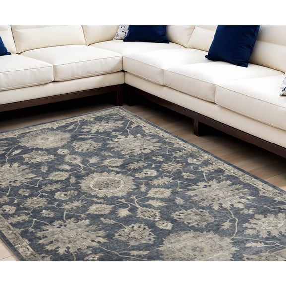 7' X 10' Beige and Blue Floral Medallion Power Loom Area Rug