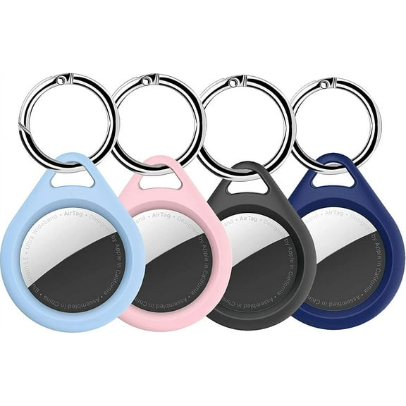 4 Pack Case for AirTag, Hard PC Cover Protective Silicone Covers for Apple Airtags 2021 with Anti-Lost Keychain Ring Sleeve Holder Skin Protector Tracker Finder Locator - Black/Blue/Light Blue/Pink