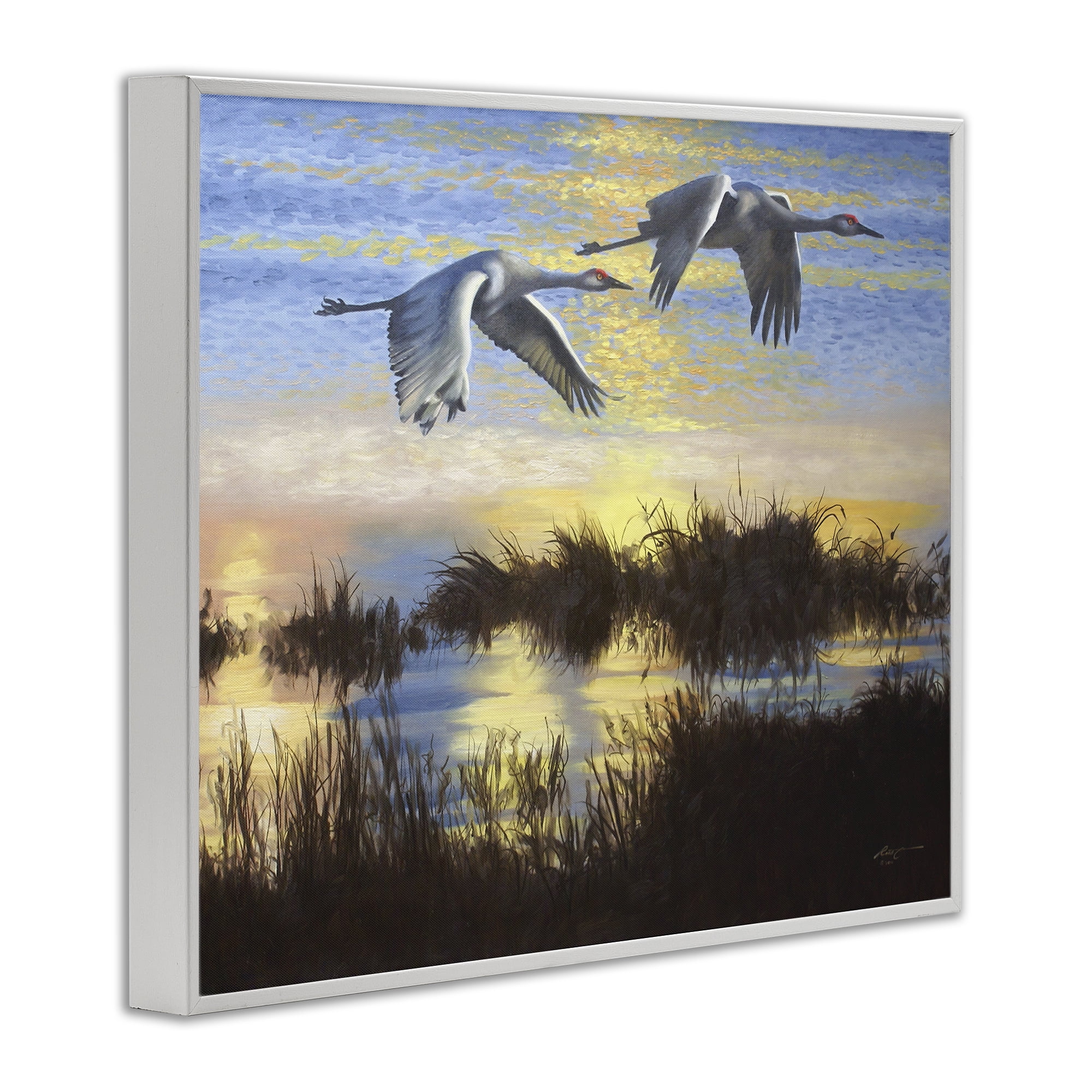 Stupell Industries Two Cranes Over Lake Landscape Painting White Framed Art Print Wall Art, 14 x 11