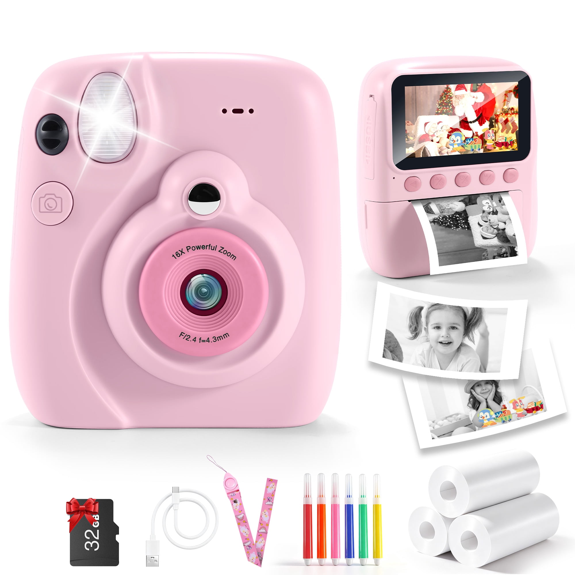 Yexmas Kids Camera Instant Print,1080P HD Digital Video Toys Camera with 32GB Card， Birthday Christmas Gifts for Girls Boys,Pink