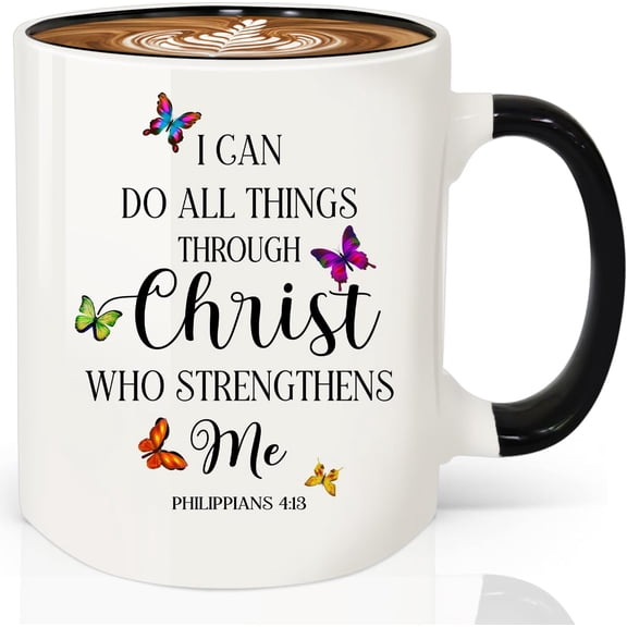 Christian Gifts for Women Ceramic Coffee Mug, Religious Gifts, Inspirational Scripture Coffee&Tea Mug, Bible Verse: I Can do All Things, Microwave and Dishwasher-safe (White-Butterfly)