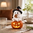 thumbnail image 2 of Halloween Ghost Figurine, Light Up LED Ghost Statue with Witch Hat Pumpkin Design, Cute Resin Halloween Decoration, Tabletop Fall Decor for Mantel Shelf Home, 2 of 7