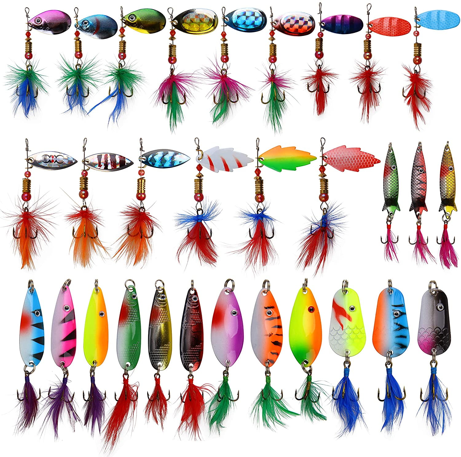 Rooster Bait Spinner Fishing Lures Kit,30pcs Metal Fishing Spoon Lures