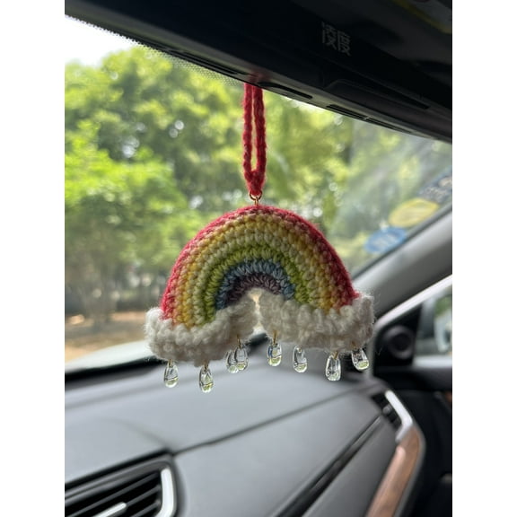 Crochet Rainbow Car Mirror Hanging: Handmade Car Charm
