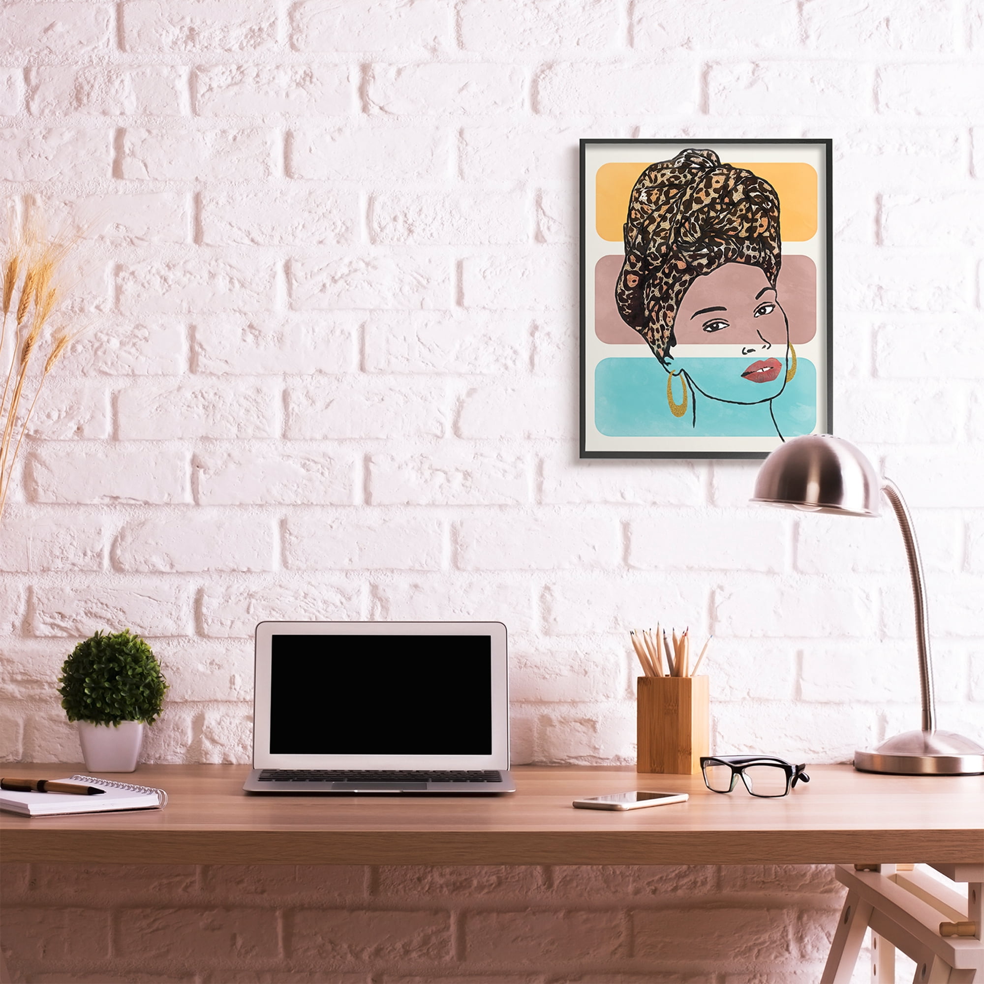 Stupell Industries Fashion Headwrap Portrait Over Bold Blocked Shapes Novelty Painting Black Framed Art Print Wall Art, 24 x 30