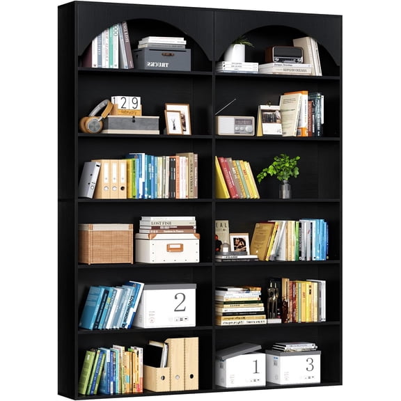 70.8" Tall 7-Tier Double Wide Black Bookshelf, Modern Open Display Shelves with Curved Baffle, Large Bookcase for Home Office Living Room