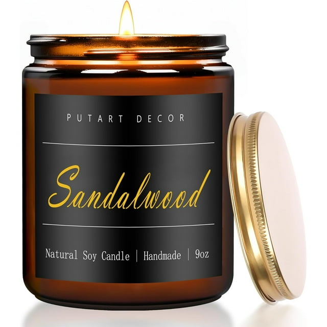 Putart Sandalwood Scented Candles for Home, 9oz Natural Soy Wax Aromatherapy Organic Santal Candle for Stress Relief, Long Burning & Lasting Jar Candle Gifts for Birthday, Housewarmings, Thanksgiving