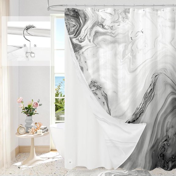 Black And White Marble Shower Curtain Modern Abstract Liquid Art Fabric Bathroom Curtain with Hooks 71x71 inches
