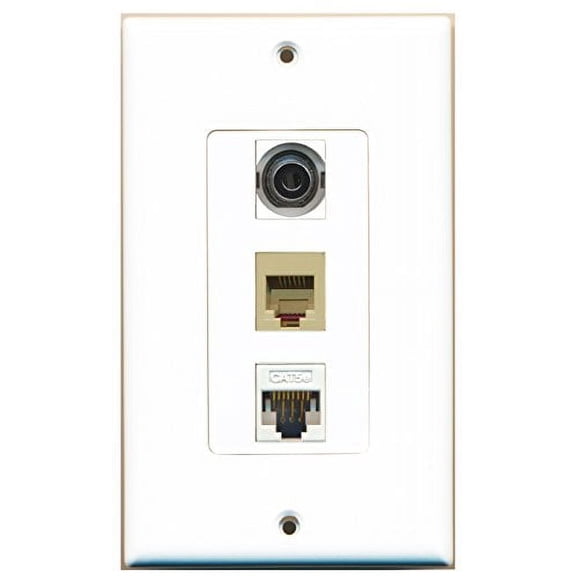RiteAV - 1 Port Phone RJ11 RJ12 Beige and 1 Port 3.5mm and 1 Port Cat5e Ethernet White Decorative Wall Plate Decorative