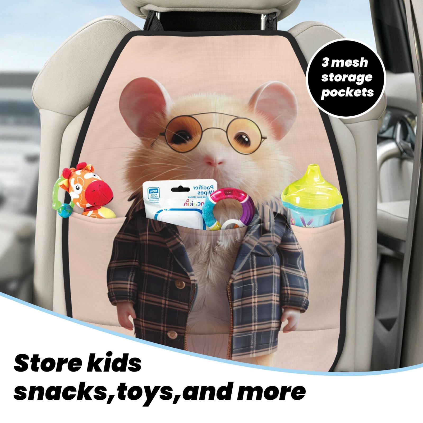 Kdxio Cute Mouse In Glasses Print 2 Pack Car Kick Mat Seat Cover Back Protector Mat with Pockets for Organizer Backseat Protector and Storage Anti Kick Pad for Vehicles