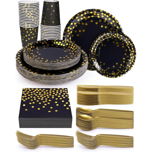 224 Pieces Party Supplies, Black and Gold Party Plates Cups and Napkins Sets with Plastic Knives forks spoons, Disposable Tableware Serves 32 Sets for Wedding, Birthday, Graduation, Festivals