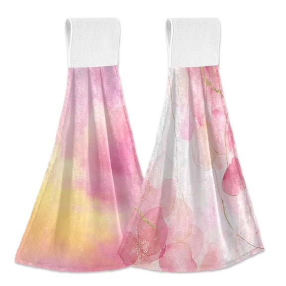 IAUYY Kitchen Hanging Towels Set of 2 100% Polyester Absorbent, Super Soft Hand Towels with Hanging Loops for Bathroom Kitchen Soft Yellow Fradient A Soft Blush