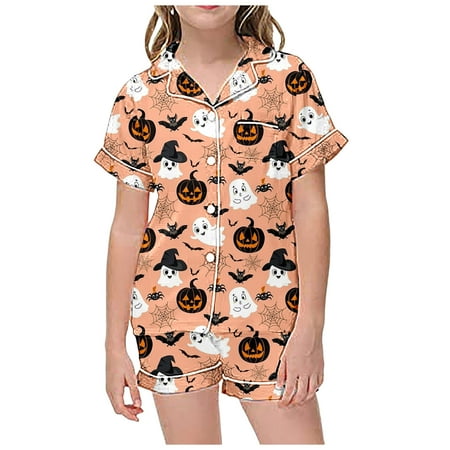 

18 Month Girl Pajamas Children S Leisure Printed Button Collar Short Sleeved Top Shorts Pajama Set A-Pink 6-7 Years