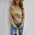 thumbnail image 3 of Gibobby Suéter Suelto con Estampado Casual Suéteres de color sólido para mujer, blusas casuales con hombros descubiertos, cuello en V cruzado, manga larga, suéteres con cuello Halter (Caqui, L), 3 of 5