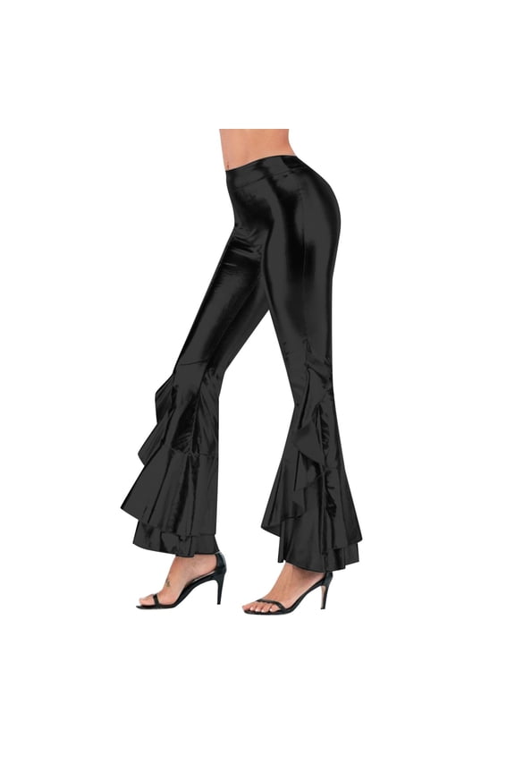 Shiny Flare Pants for Women Solid Ruffle Hem Pants Night Out Stretch Bell Bottom Trousers