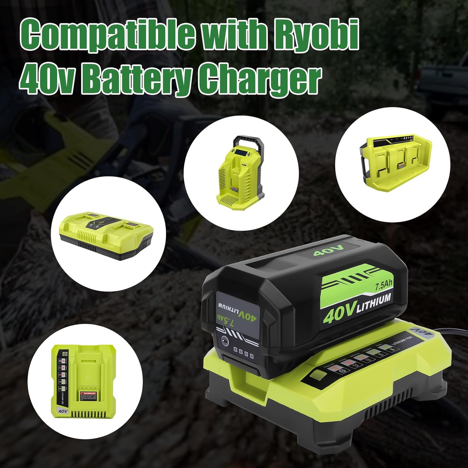 2Pack 7.5Ah Replacement for Ryobi 40V Battery and Rapid Charger 40V OP40601 OP4050A OP4040 40 Volt