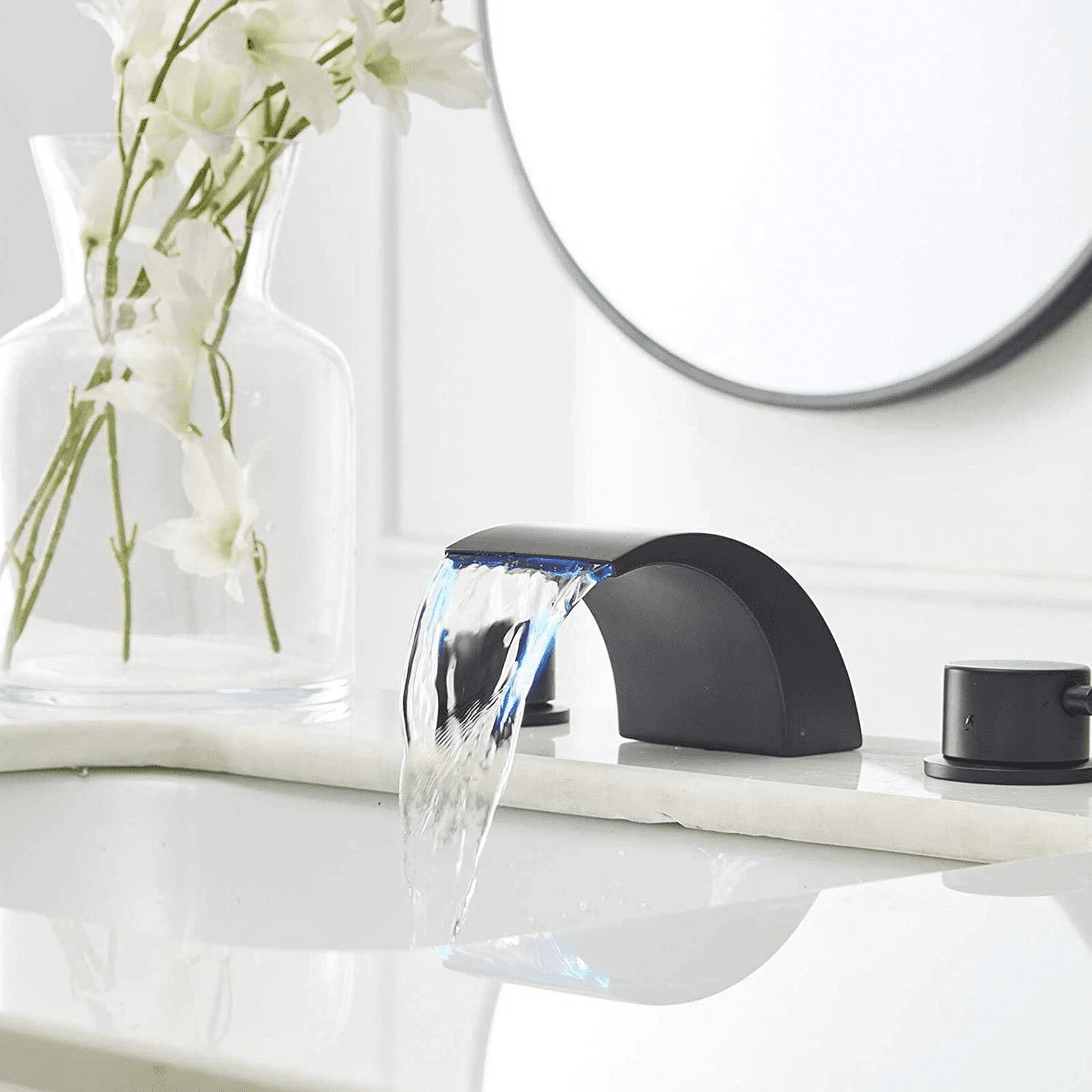 Zovajonia 3 Hole Bathroom Faucet Dual Crystal Knobs Vanity Basin LED Sink Faucet Mixer Bronze Bath Faucets ,Widespread bathroom faucets for sink 3 hole Waterfall Tub Faucet Oil Rubbed Bronze