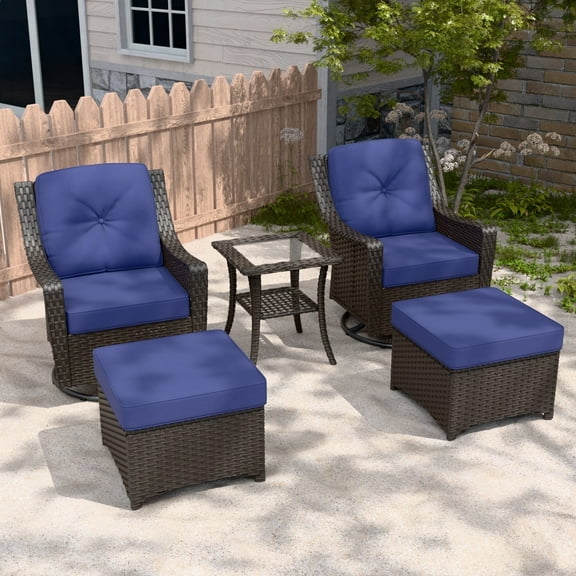 EAGLE PEAK Azure Bay 5 Pieces Wicker Outdoor Patio Furniture Set, Swivel Rocking Chairs with Ottomans, Side Table, Brown Wicker, Blue