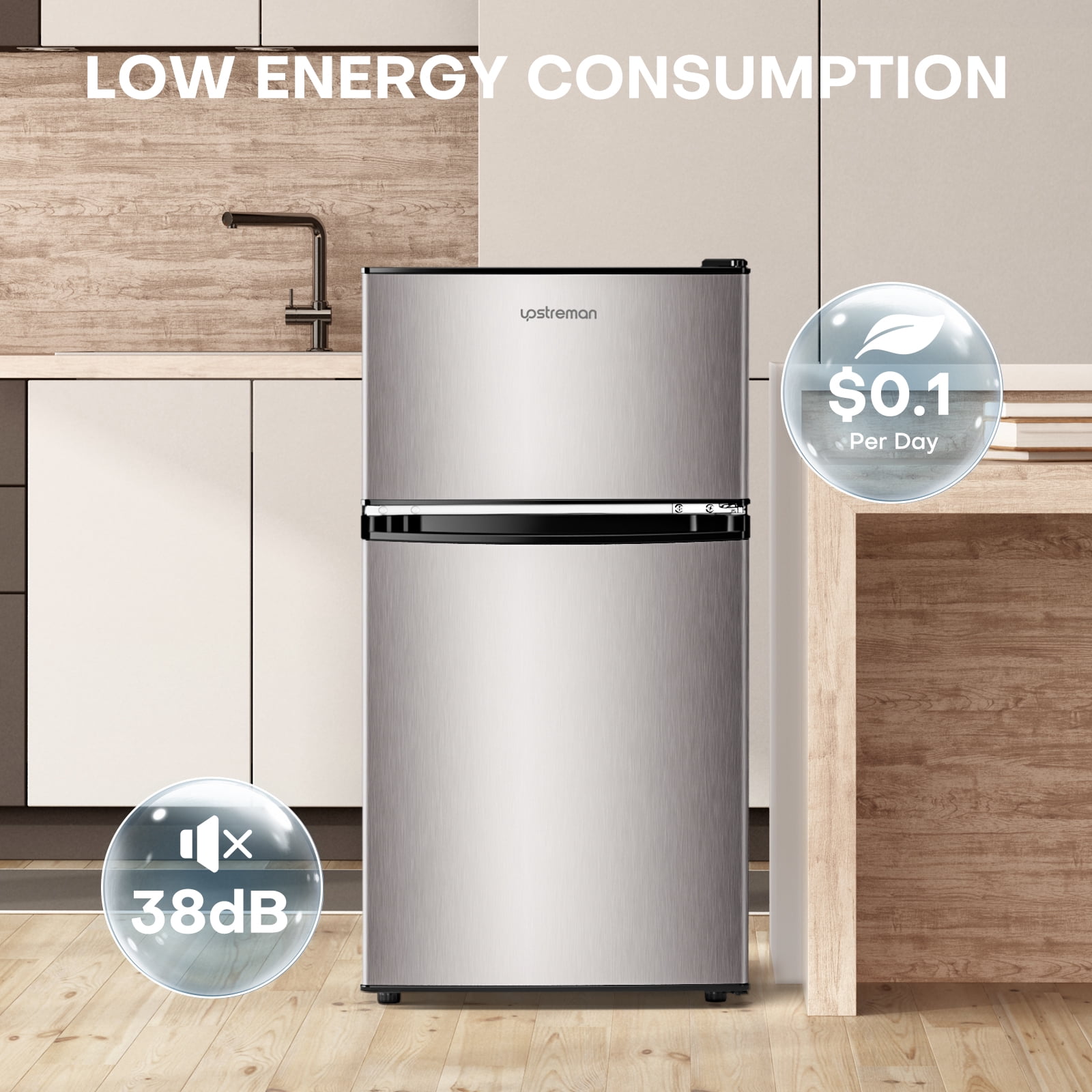 Upstreman 3.2 Cu.Ft Mini Fridge with Freezer, 2 Door Small Refrigerator Mini Apartment Size Refrigerator, SD321 Stainless Steel
