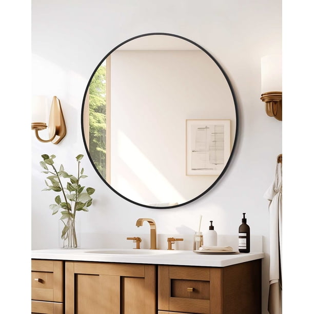 20 pulgada round metal frame wall mirror: decorative para bathroom, vanity, sala de estar, entrada, foyer (negra)