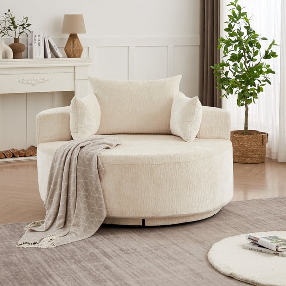 Leumius 55" Oversized Round Swivel Accent Chair,Upholstered Polyester 360 Degree Swivel Chair for Living Room, Bedroom, Lounge and Projection Room,Beige
