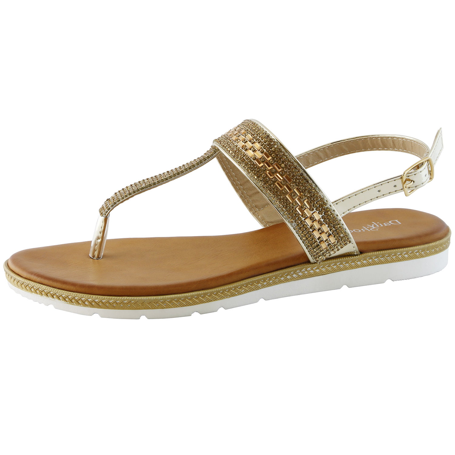 DailyShoes - DailyShoes Thong Sandals with Rhinestones Flat T-Strap ...
