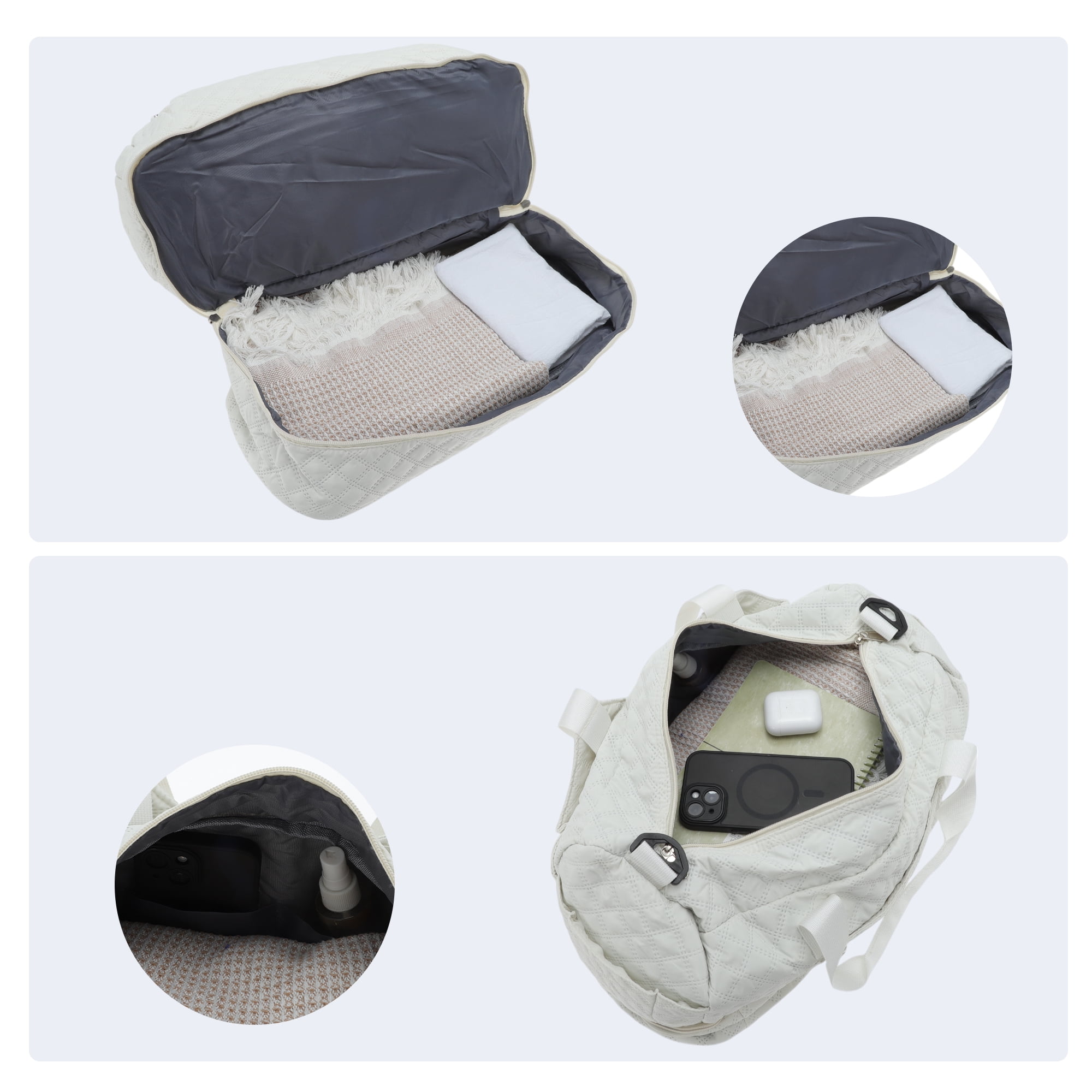 Unique Bargains Duffle Bag for Travel Partitioned Design Travel Duffle Bags with Fixed Luggage Strap Shoe Compartment Apricot White 2 Pcs