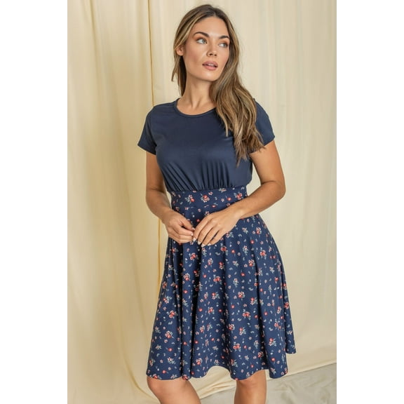 Contrast Floral Band Flare Dress | 3 Colors | S-3X