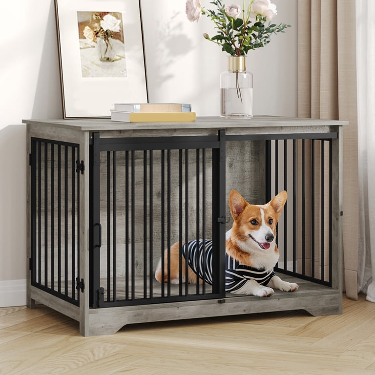 Hzuaneri Hondenbench Meubels met Wielen, 95 cm Vierdeurs Kennel met Schuifdeuren, Moderne Houten Binnenhondenkooi voor Kleine en Middelgrote Honden, Vintage Bruin DFC86201B