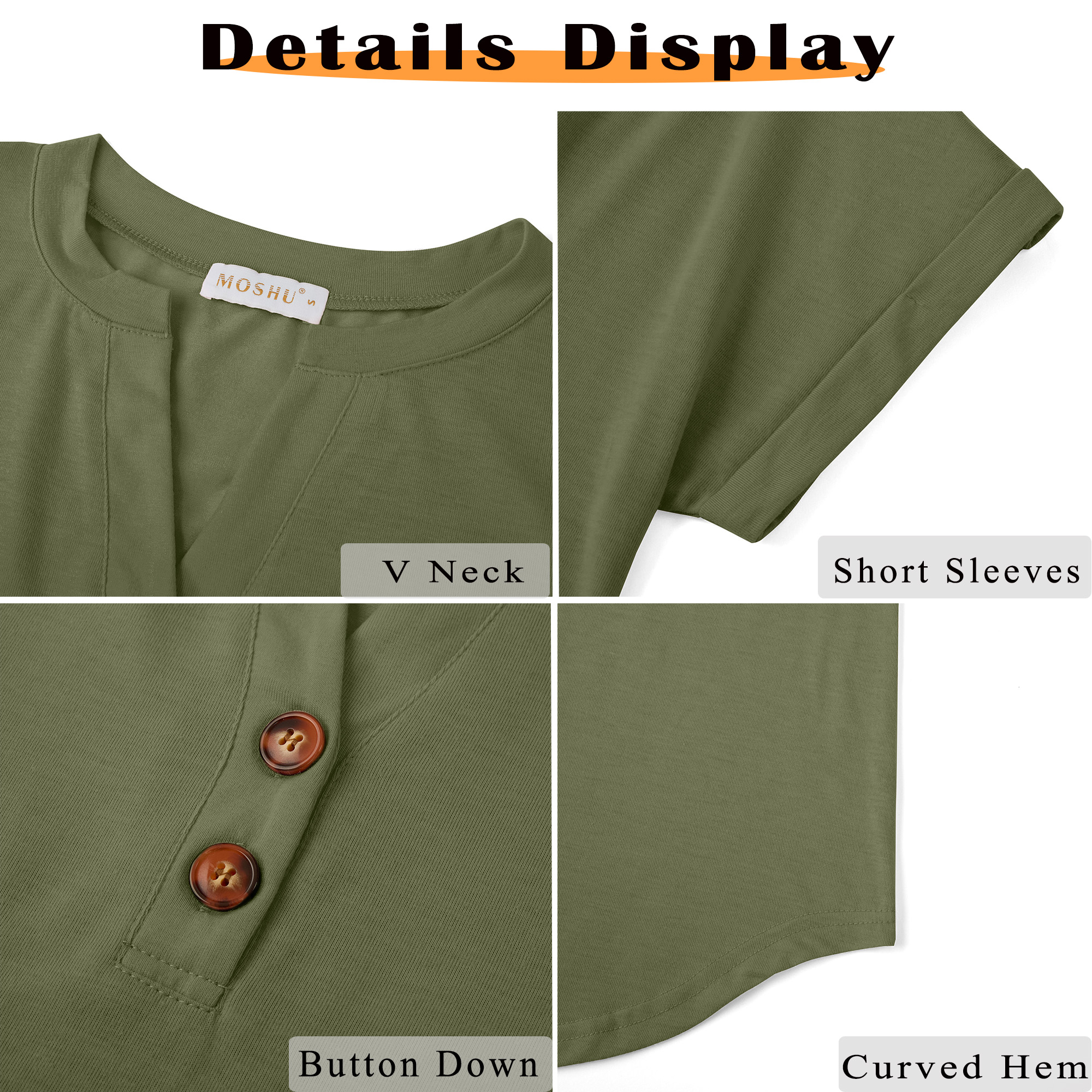 MOSHU Women's Henley T-Shirt, V-Neck, Green photo 6