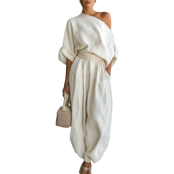 Women'S Linen Jumpsuit for Summer: Casual, Long Sleeve, Baggy Harem Overalls with V-Neck White M
