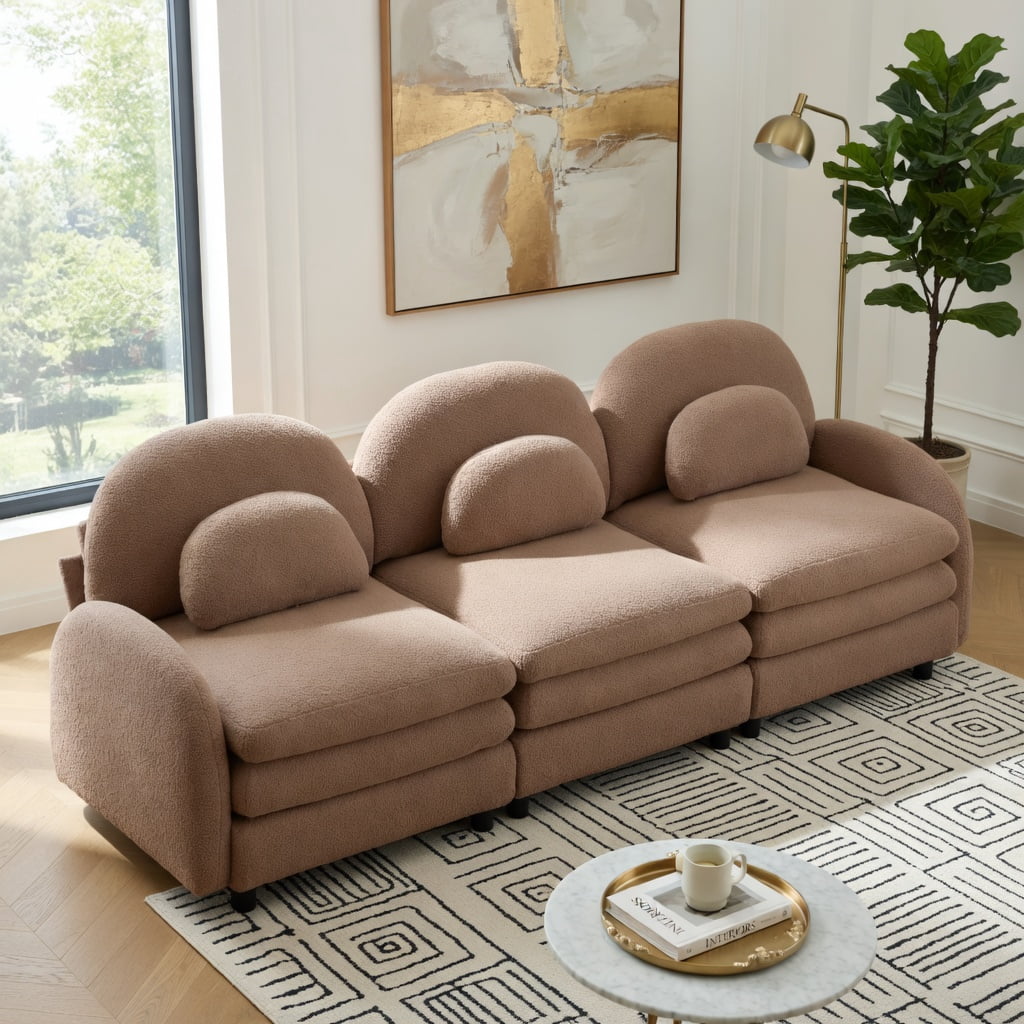 Hommoo Teddy Fleece Modular 3-Seat Sofa, Cloud-Soft Curved Backrest, Double-Layer Cushioning & Lumbar Support, Living Room Couch, Camel