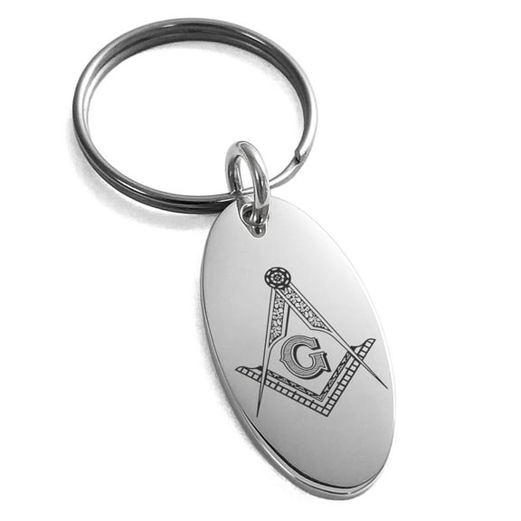 Tioneer Stainless Steel Freemasons Masonic Floral Compass Engraved Small Oval Charm Keychain Keyring