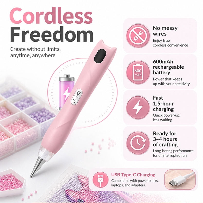Diamond Painting Pen, Cordless Vacuum Diamond Art Pens and Tools Accessories, No Wax Needed Rechargeable Wireless Diamond Art Pen, Suction Dot Drill Paint Tool for Gem Paintings (Pink)