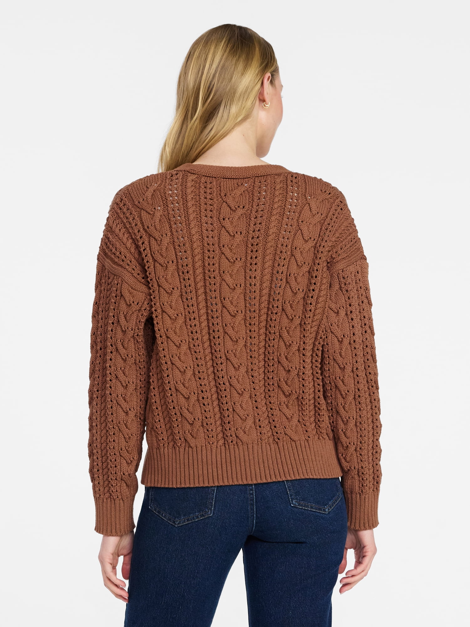 Time and Tru Women's Cable Knit Cardigan Sweater with Long Sleeves, Lightweight, Sizes XS-XXXL