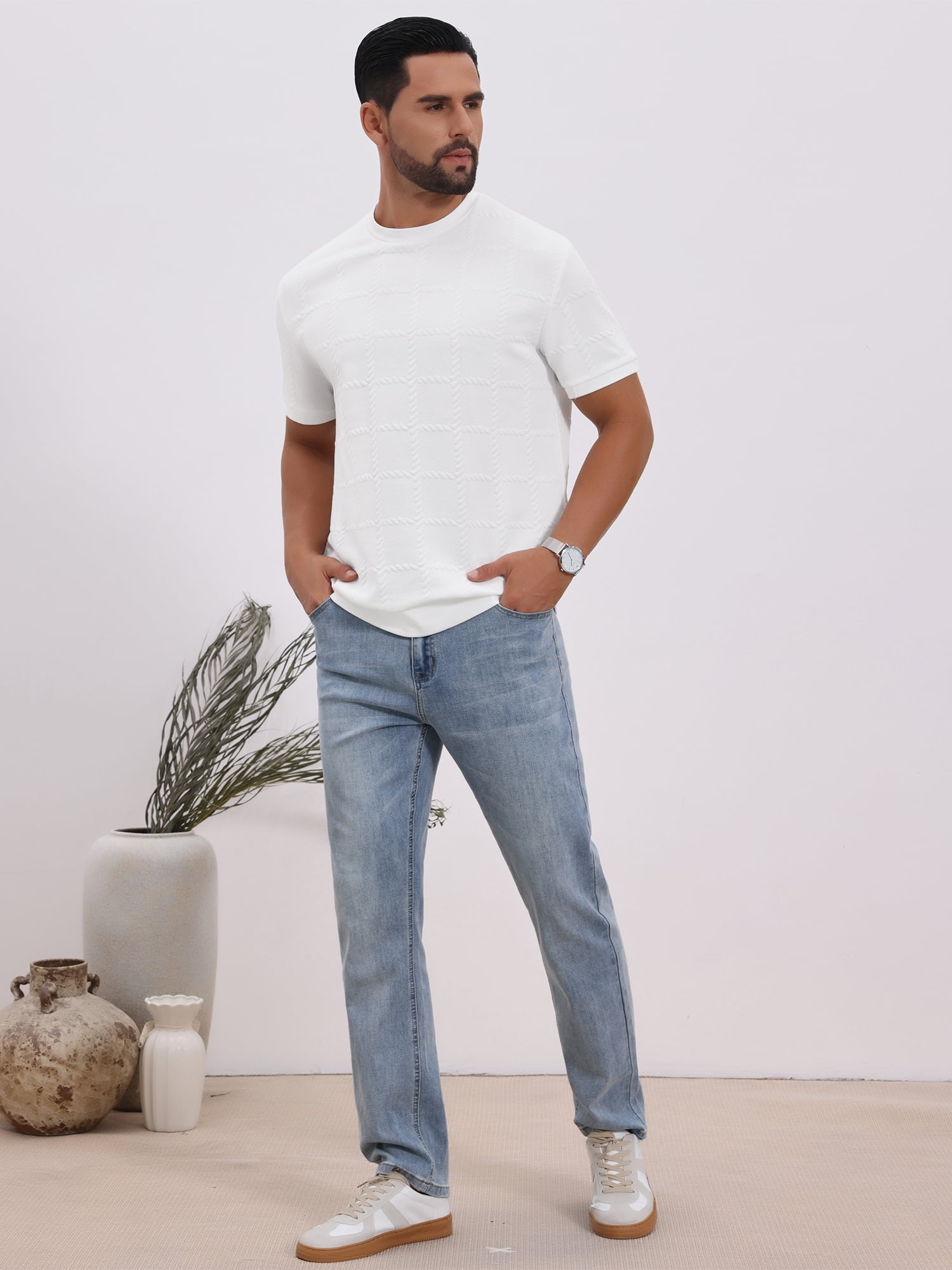 DARING DIVA Men's Jacquard Texture Crew Neck Short Sleeve Knitted T-Shirt S White