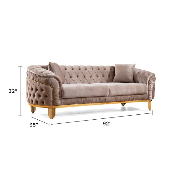 JERFIT 84" Modern Tufted Velvet Sofa with Gold Metal Legs, Taupe 3-Seater Couch for Living Room