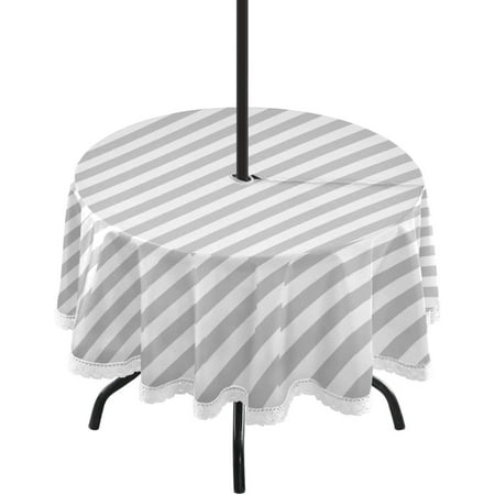 

Hyjoy 60 Grey Stripe Round Tablecloth with Zipper Umbrella Hole Waterproof Washable Polyester Fabric Table Cover for Outdoor Patio Garden Party