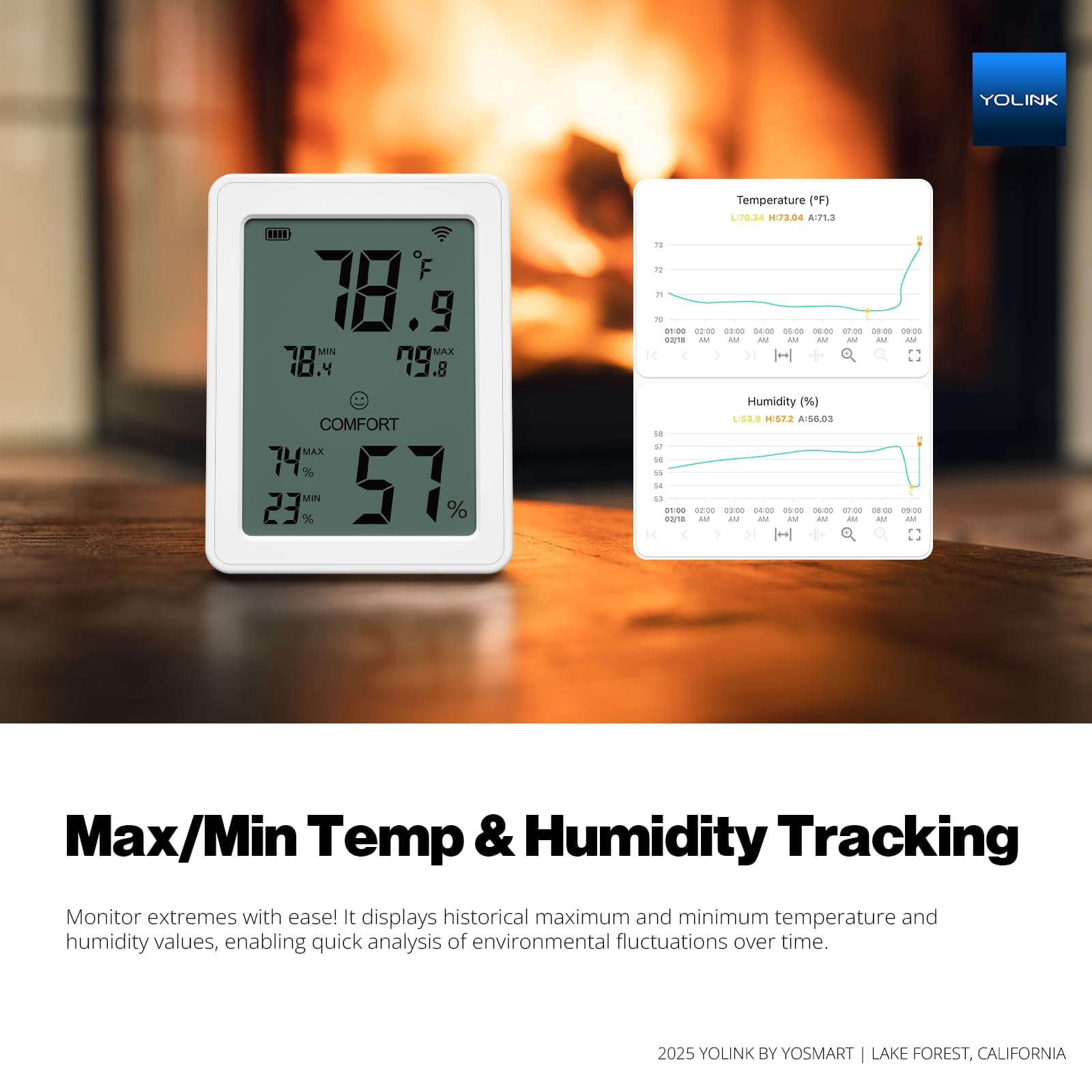 YoLink Indoor Hygrometer Thermometer YS8023 with Comfort Level Display, Max/Min Tracking, LoRa Technology, 180-Day Cloud Storage & 5-Year Battery Life, Alexa/IFTTT Compatible-Hub Required