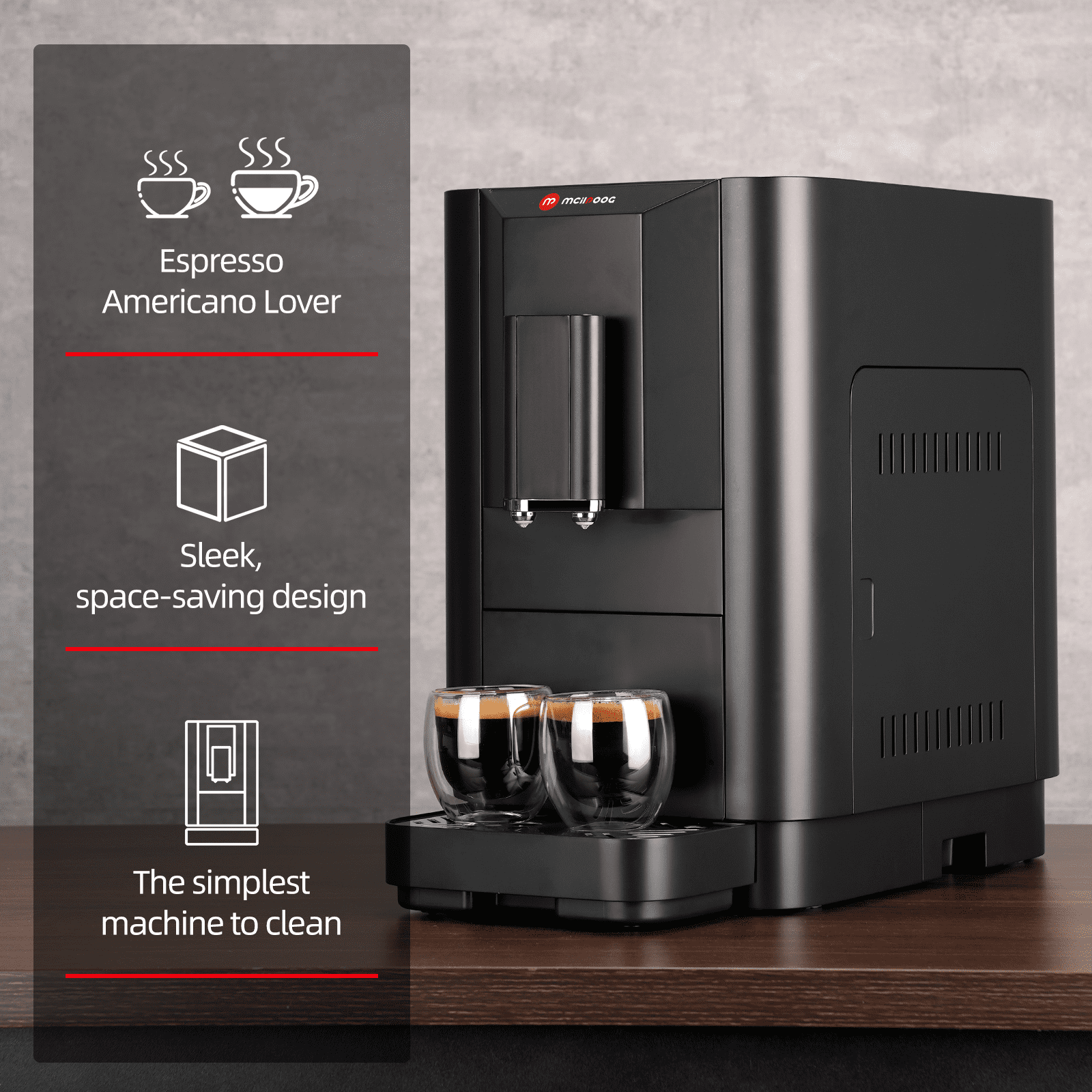 Milpoog ES320 Fully Automatic Espresso Machine,Compact Automatic Espresso Machine with Grinder, Touch Screen, 4 Coffee Varieties for Home and Office,Black