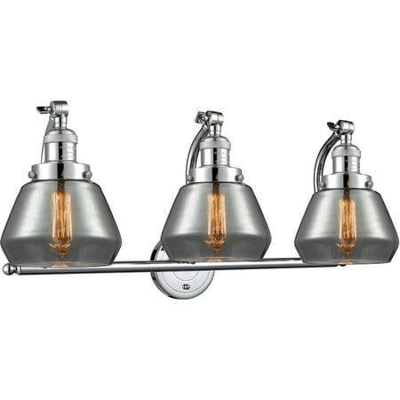 

Polished Chrome Tone Bathroom Vanity 28 Wide Plated Smoke Glass Steel/Cast Brass Medium Base 3 Light Fixture