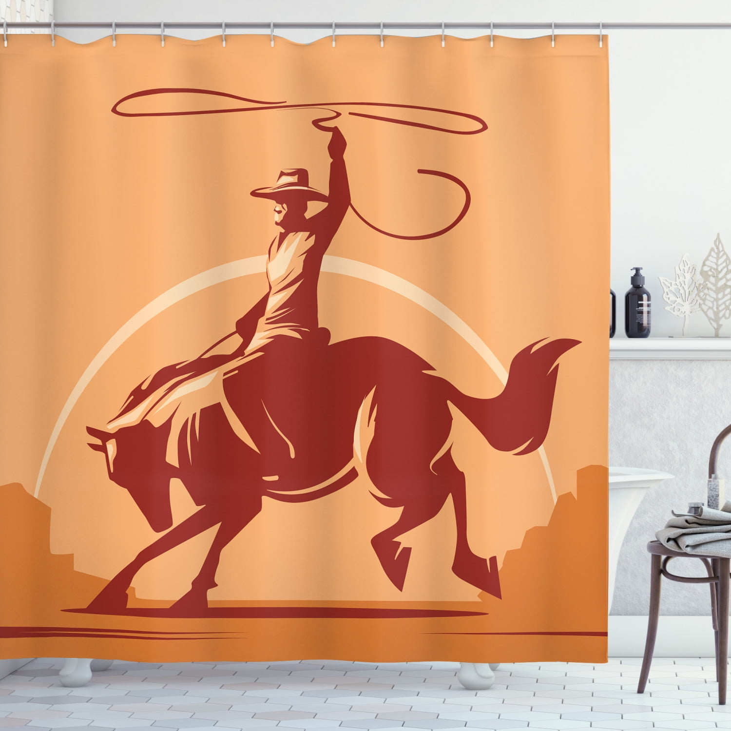 Western cowboy and horse at farm Bathroom Fabric Shower Curtain Set 71Inches 