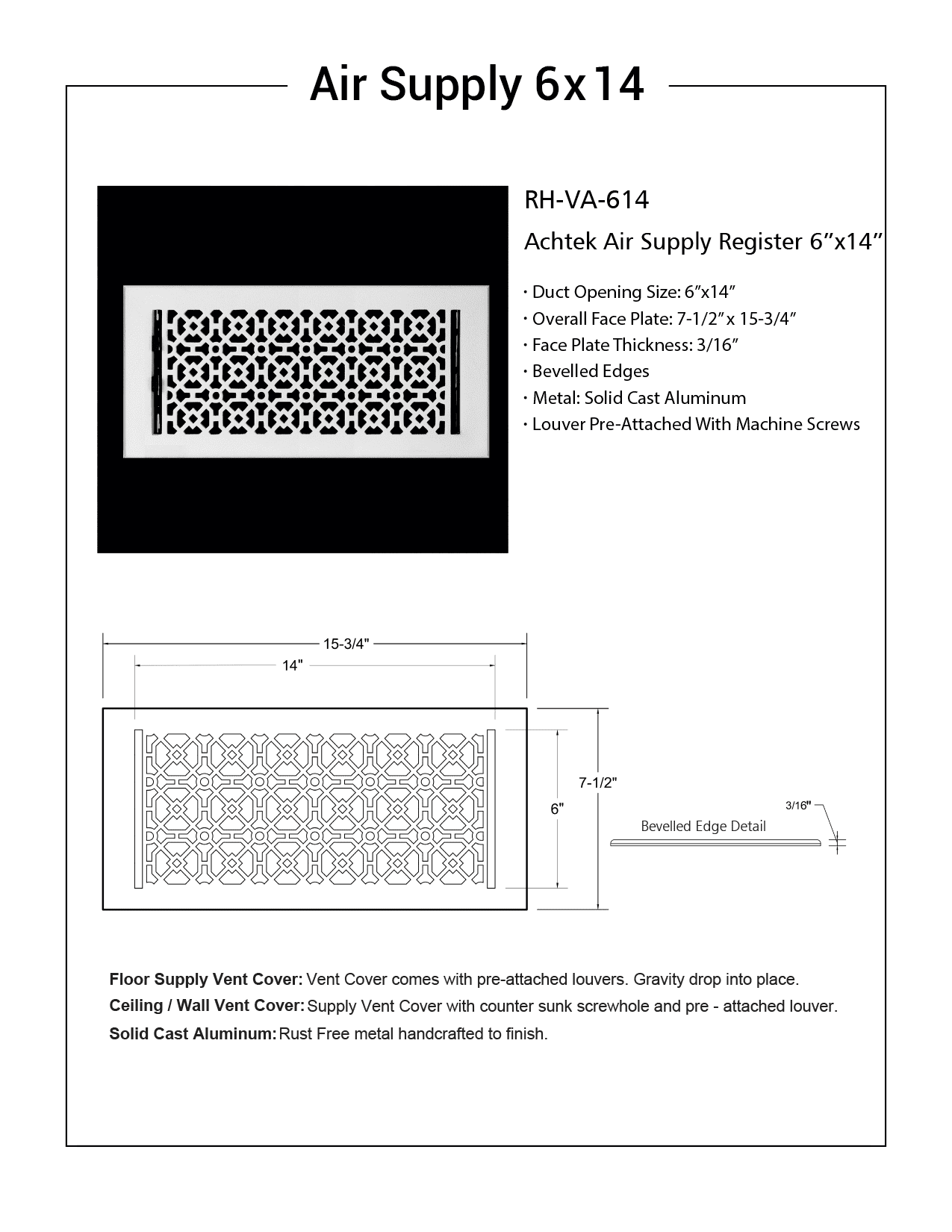 Achtek Air Supply Vent 6"x 14" Duct Opening (Overall 7-1/2"x 15-3/4") Solid Cast Aluminum Register Cover | Powder Coated BLACK