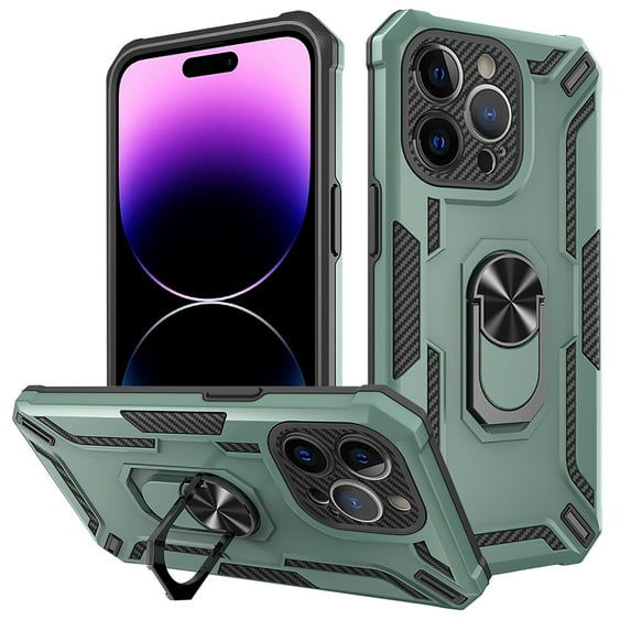 ELEHOLD Rugged Case for iPhone 13 Pro Max 6.7",360° Rotatable Ring Holder Stand Compatible with Magnetic Car Mount Military-Grade Shockproof Cover Hybrid Armor Phone Case,Darkgreen