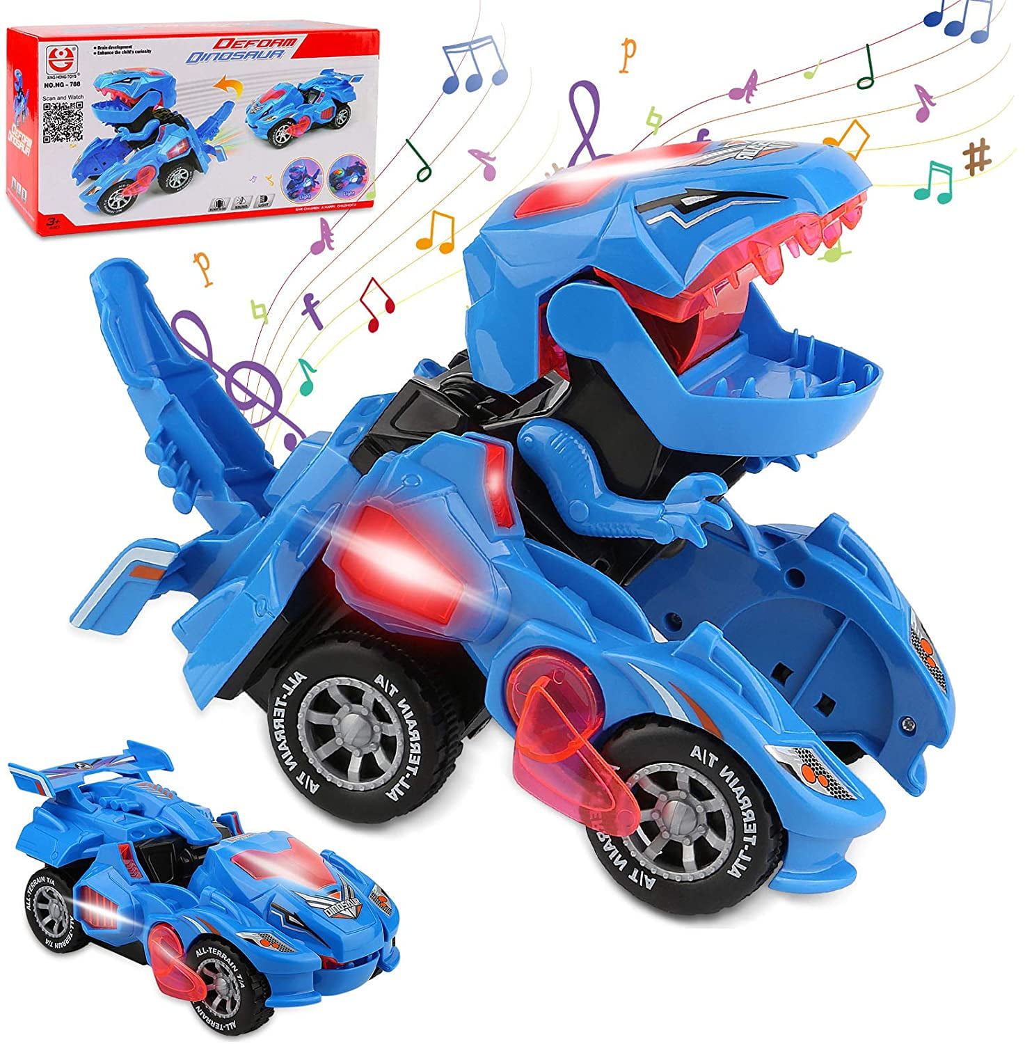 SHINGO Toys for 2 3 4 5 6 7 Year Old Boys Christmas Birthday Gifts for Kids 2-7 Transforming Dinosaur LED Car with Light and Music Blue