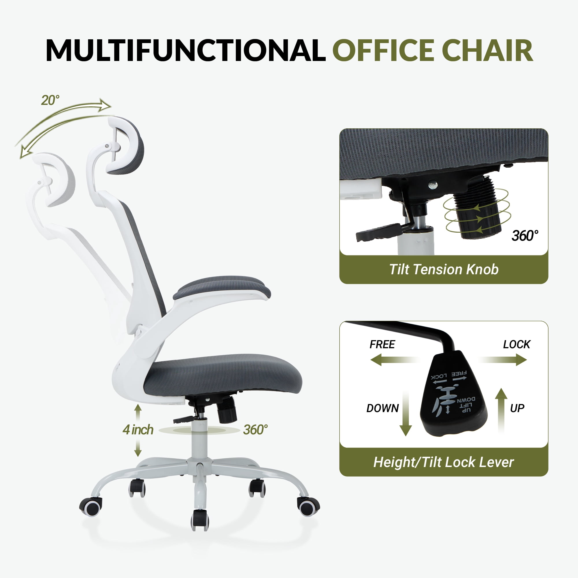 AFO High Back Ergonomic Office Chair, Adjustable Lumbar Support & Headrest Mesh Desk Chair with Flip-Up Arms, 275lbs Heavy Duty Metal Base Computer Task Chair for Home Office, Gray