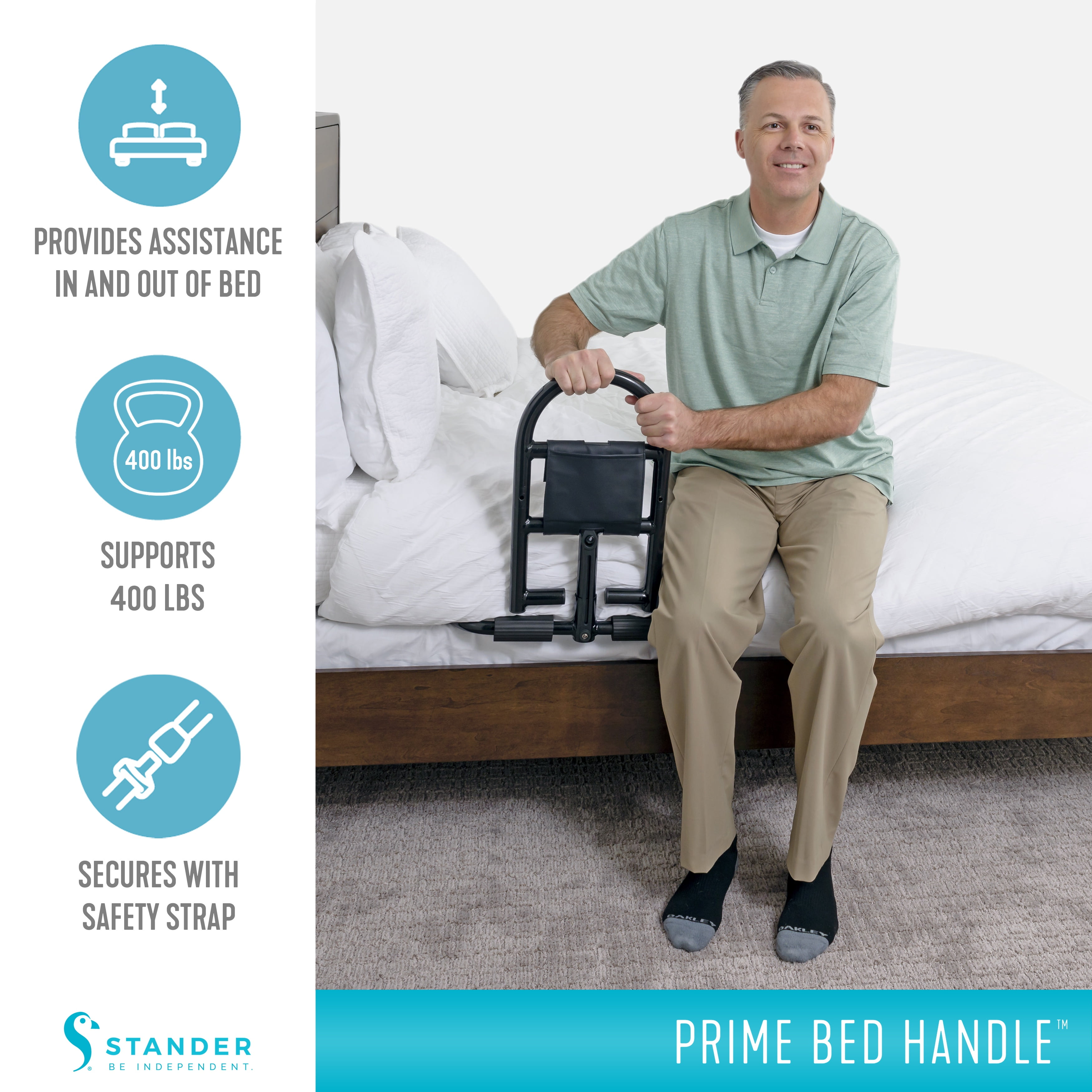 Stander Prime Bed Handle, Bariatric Safety Bar for Adults, Seniors, and Elderly, Removable Guardrail and Stand Assist, Fits Most King, Queen, Full, and Twin Beds, ASTM Safety Approved Bedrail