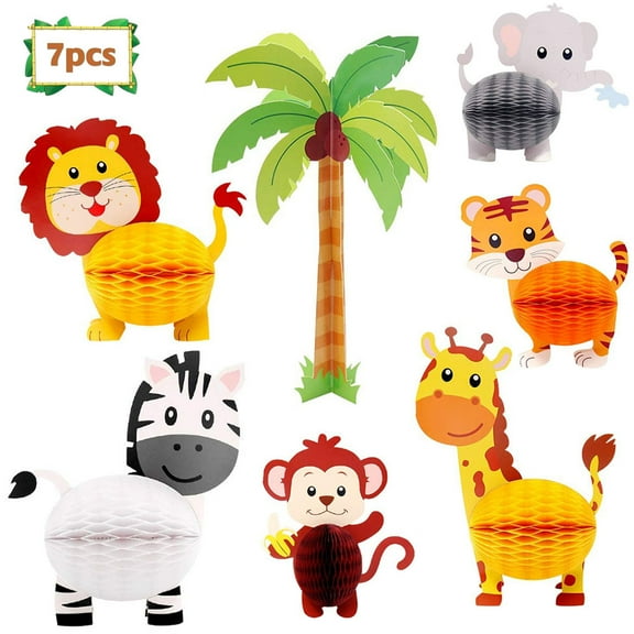 OUSITAID 7Pcs Jungle Safari Animals Honeycomb Centerpieces 3D Table Decorations for Jungle Safari Birthday Baby Shower Party Decorations Supplies